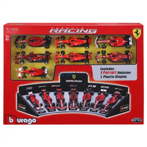 Bburago 1:43 F1 versenyautó  - Ferrari F1 - 7 db-os szett demo állványon