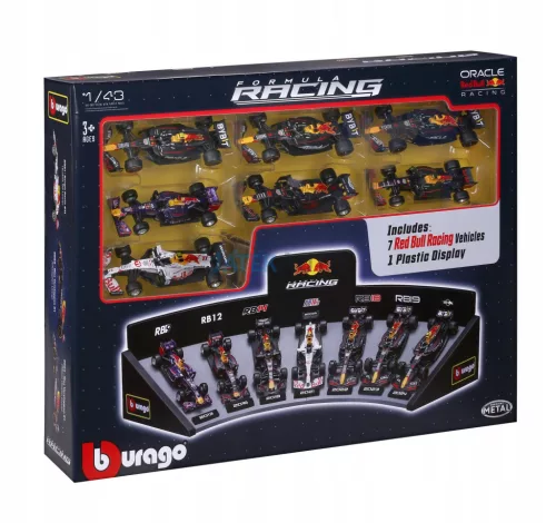 Bburago 1:43 F1 versenyautó - Oracle Red Bull F1 - 7 db-os szett demo állványon 18-38168
