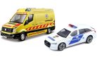 Bburago Volkswagen Crafter mentőautó + Audi A6 Avant magyar rendőrautó szett 18-32050B