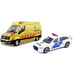   Bburago Volkswagen Crafter mentőautó + Audi A6 Avant magyar rendőrautó szett 18-32050B