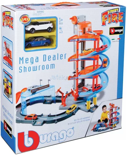 Bburago Mega Dealer Showroom parkolóház + 2 db kisautó 1:43 18-30031