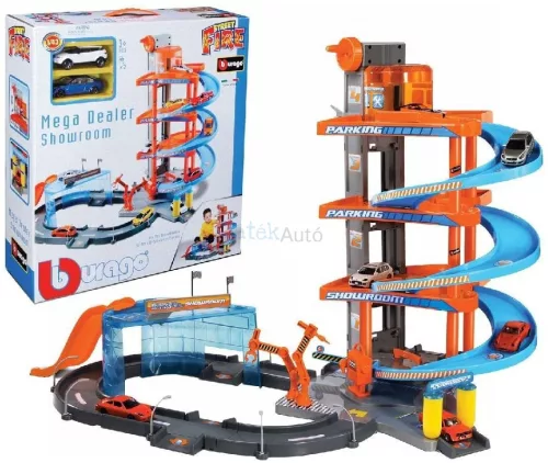 Bburago Mega Dealer Showroom parkolóház + 2 db kisautó 1:43 18-30031