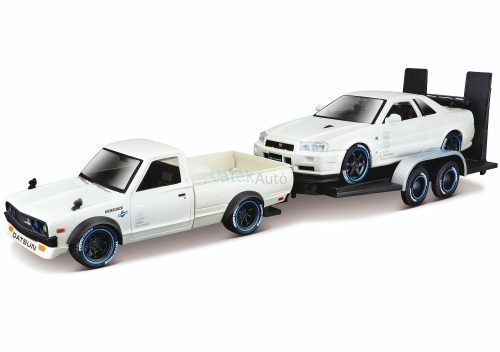 Maisto Design 1:24 Datsun 620 Pick Up (1973) + Nissan Skyline GT-R R34 (1999) + utánfutó 32754