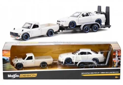 Maisto Design 1:24 Datsun 620 Pick Up (1973) + Nissan Skyline GT-R R34 (1999) + utánfutó 32754